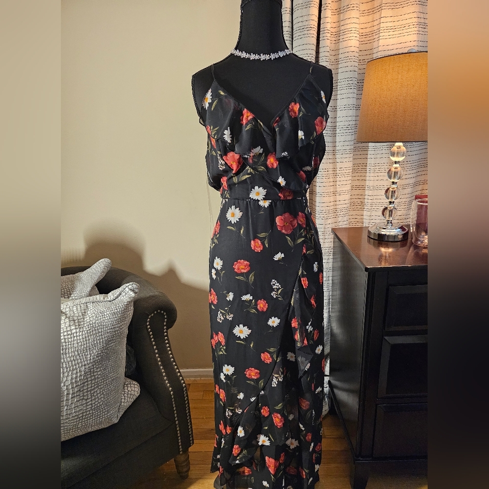 Floral Black Maxi Dress with Red & White Blooms